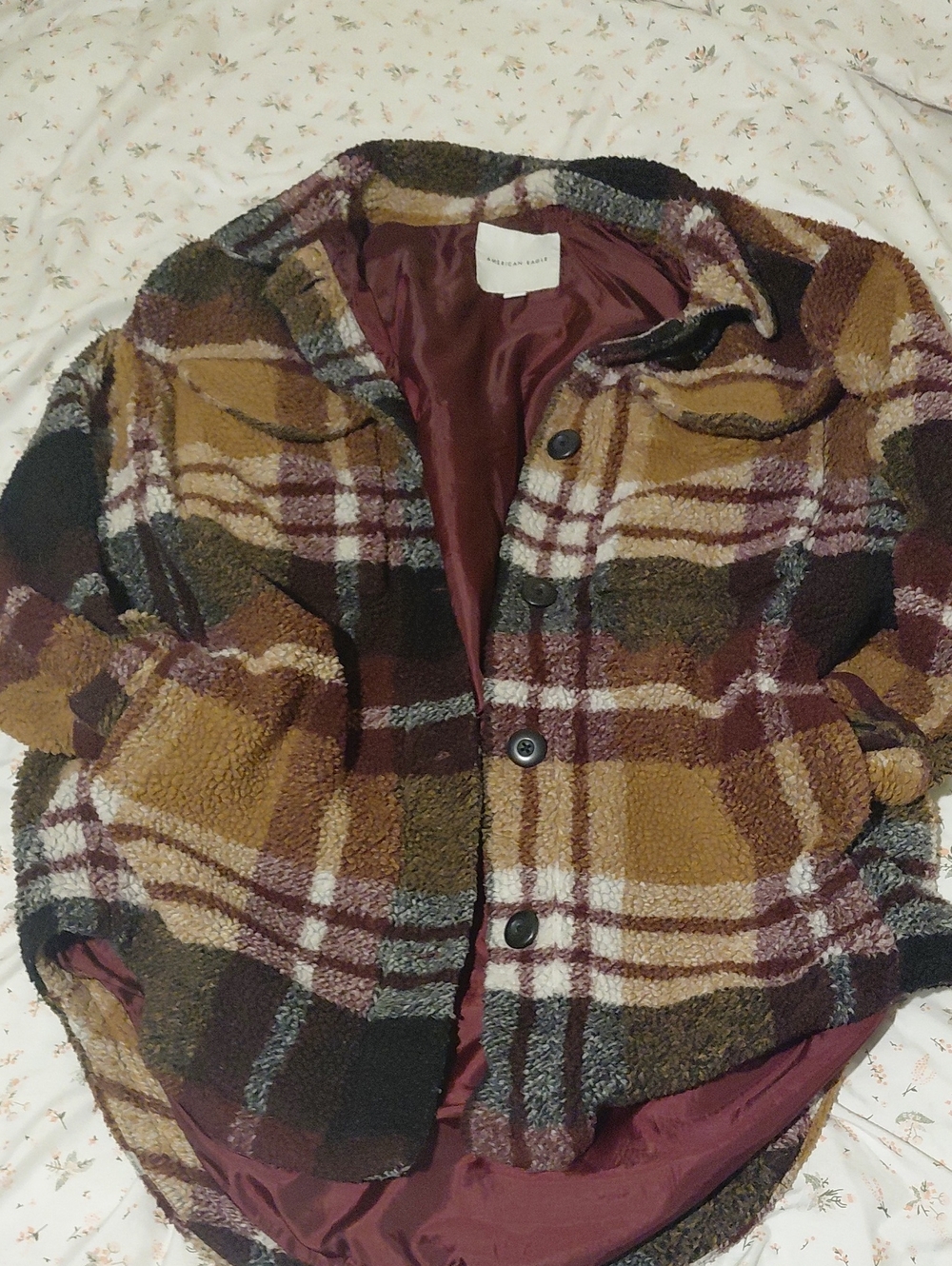 American Eagle Outfitters Plaid Teddy Jacket in Brown, Burgundy & Black